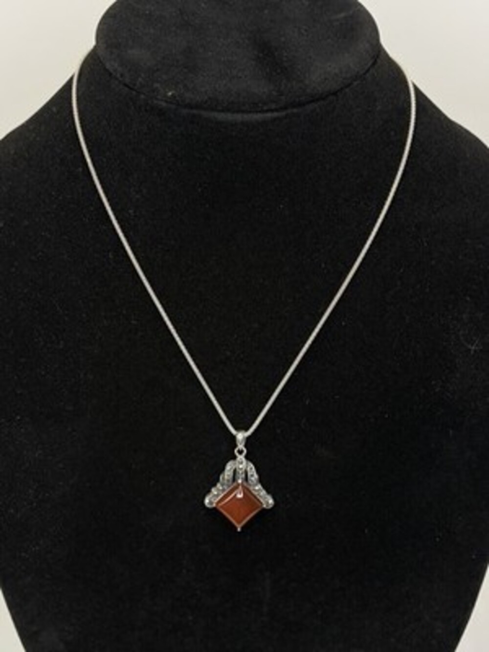 Vintage Art Deco Sterling Silver Carnelian Marcasite Pendant Necklace 18" 925